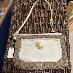 COACH, Brown Signature Jacquard Fabric and  White Leather Trim  Wristlet